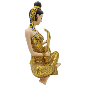 Thai Sawasdee Lady Statue Figur gold sitzend mit Phin