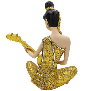 Thai Sawasdee Lady Statue Figur gold sitzend mit Phin