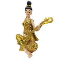 Thai Sawasdee Lady Statue Figur gold sitzend mit Phin