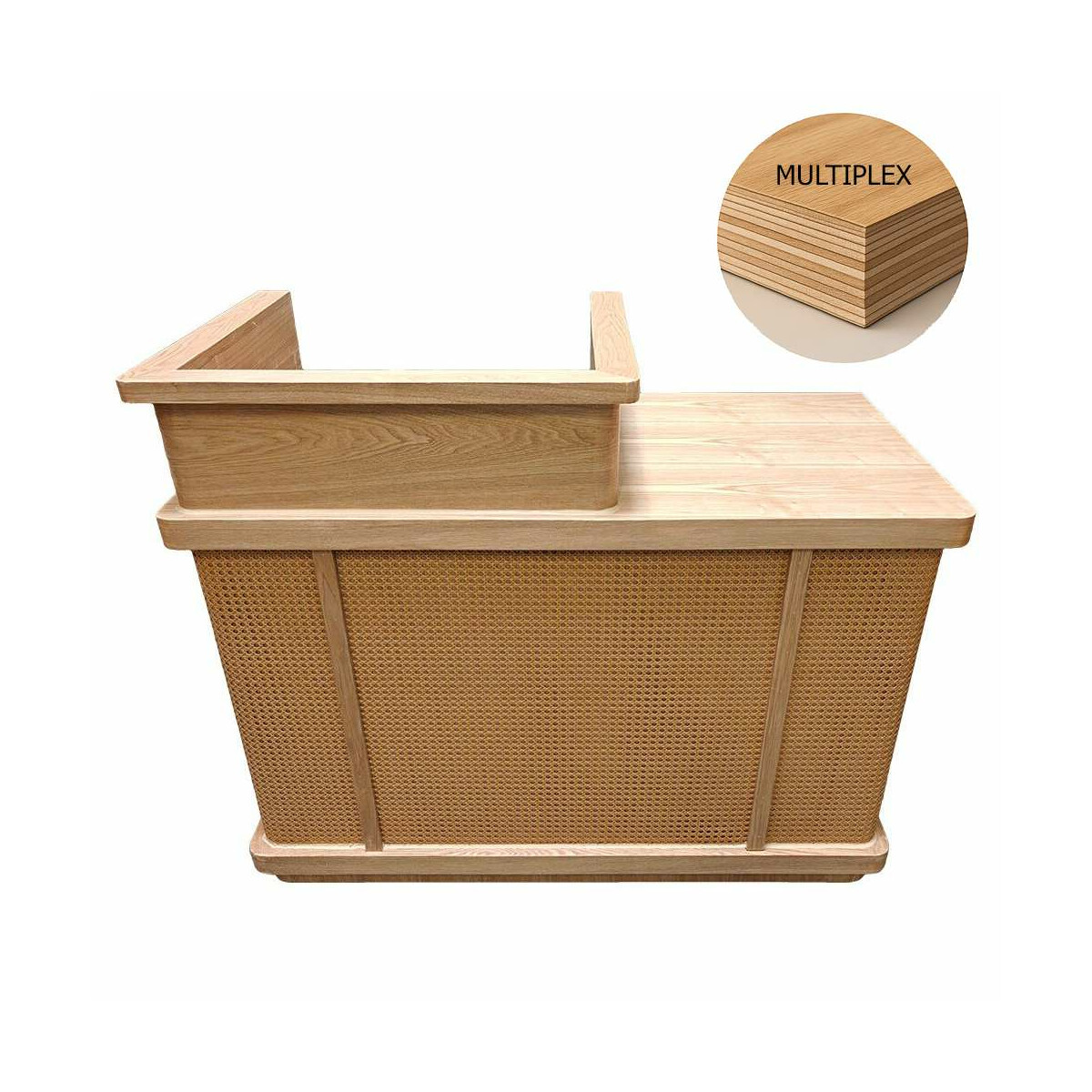 Rezeption Theke aus Holz mit Rattangeflecht