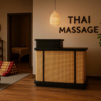 Rezeption Theke aus Holz mit Rattangeflecht