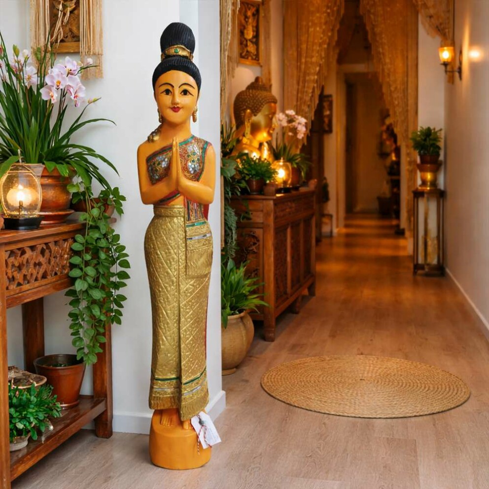 Original Thai Sawasdee Lady Statue gold – Hand-Carved in Chiang Mai