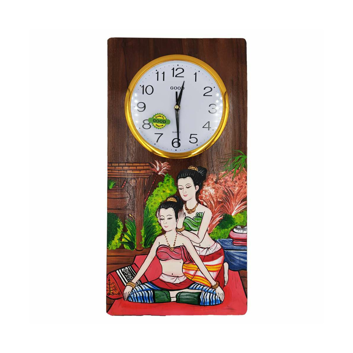 Teak Wall Clock with Thai Massage Painting