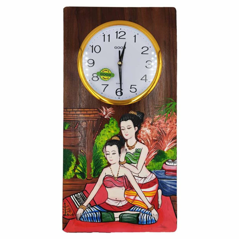 Reloj de pared de madera de teca con cuadro de masaje tailandés