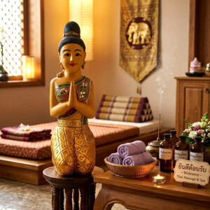 Thai Sawasdee Lady Statue Figur auf Knien - 51cm Gold
