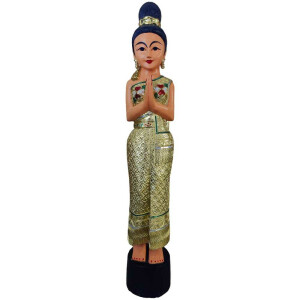 Thai Sawasdee Lady Statue Figur Holz Massiv 130cm Gold