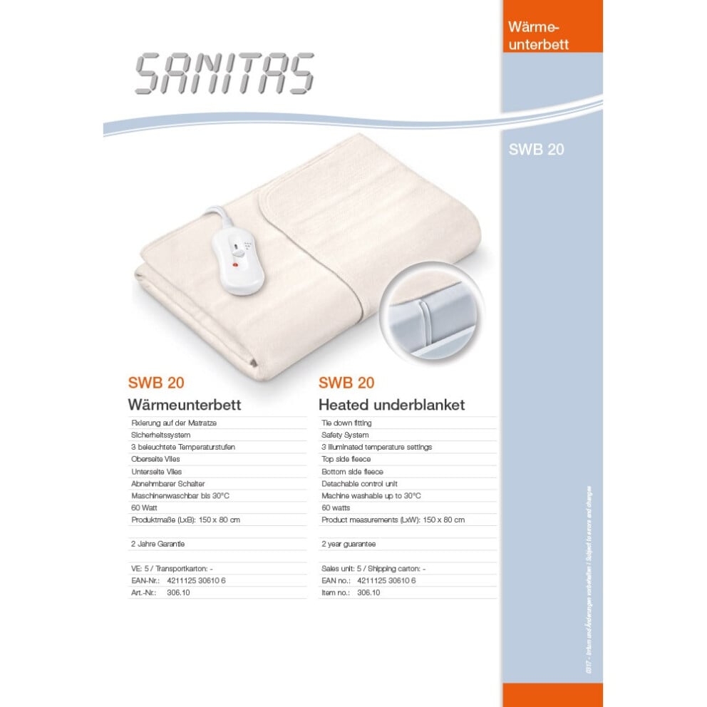 Sanitas Swb 20 Fleece Heated Underblanket 150cm X 80cm 26 66