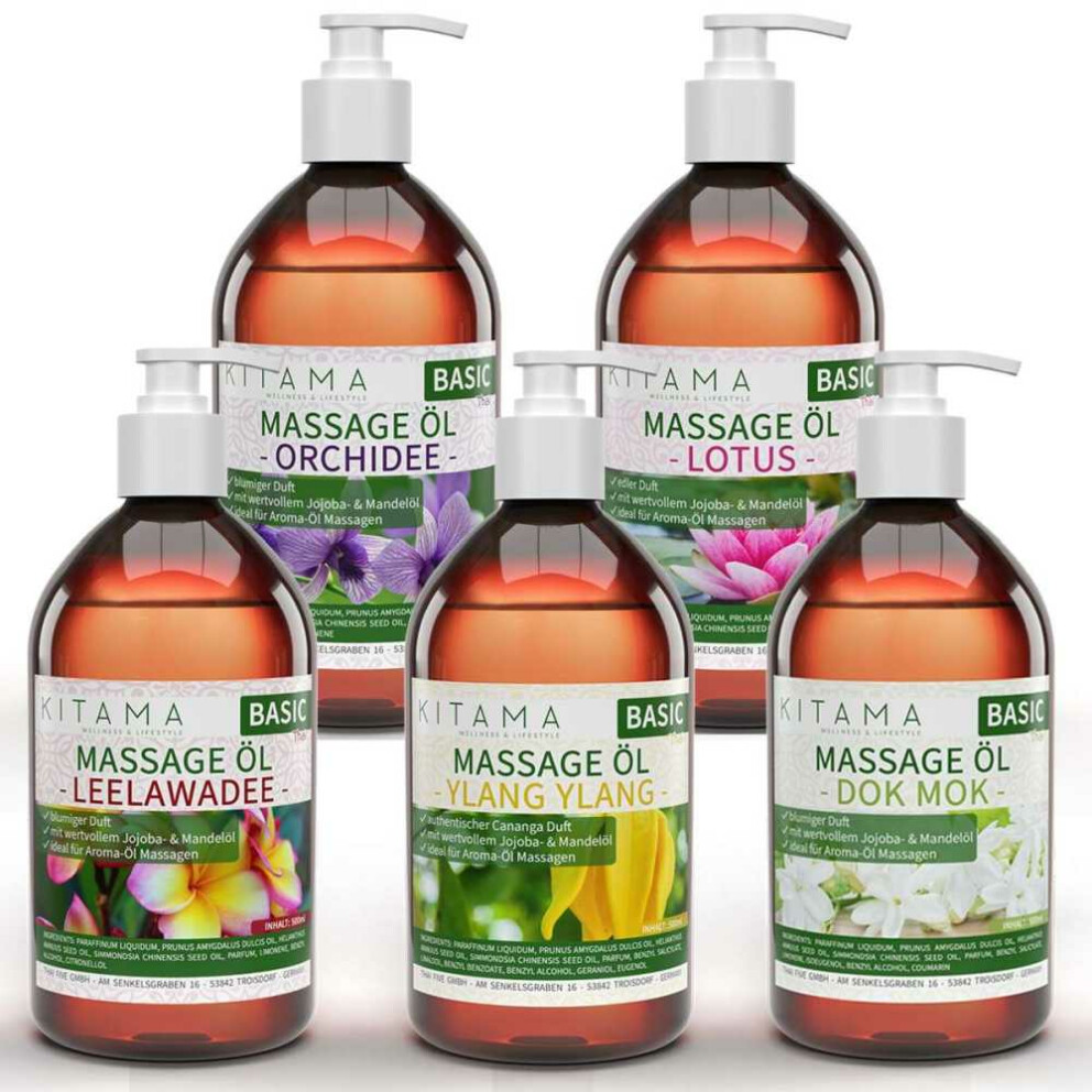 Massage Oil Thai Aroma Set 5 pcs. - Dok Mok Leelawadee Orchid Lotus Ylang Ylang 500ml