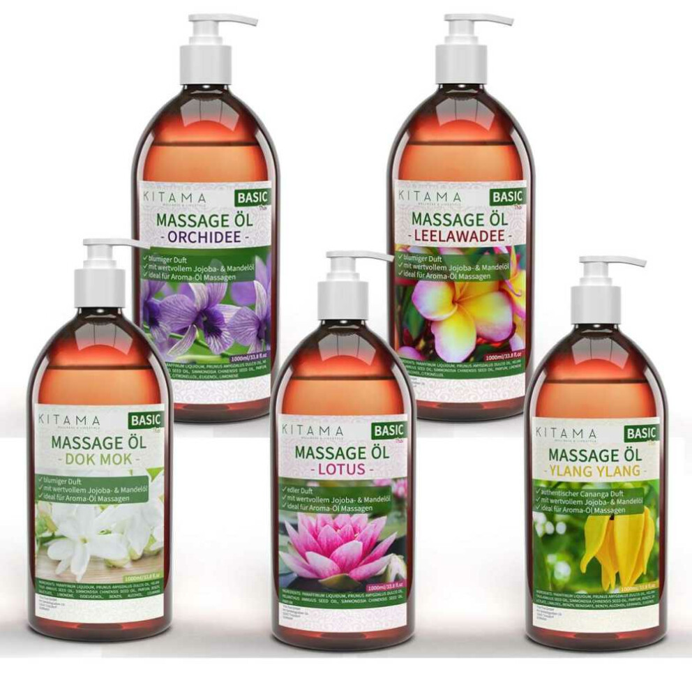Massageöl Thai Aroma 5er Set - Dok Mok, Leelawadee, Orchidee, Lotus & Ylang Ylang 1000ml