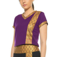 Thai massage woman t-shirt with traditional pattern, slim fit S Purple