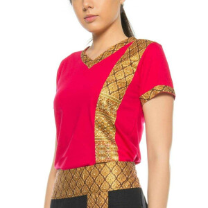 Thaimassage Damen T-Shirt mit traditionellem Muster, Slim Fit S Rot