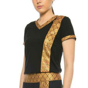 Thai massage woman t-shirt with traditional pattern, slim fit S Black