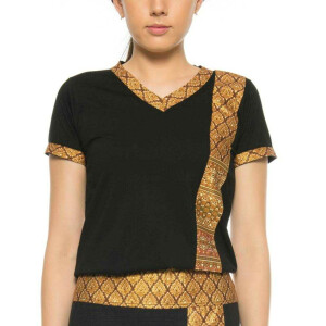 Masaje tailandés señoras camiseta con patrón tradicional, slim fit S Negro