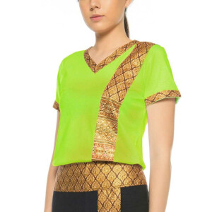 Thaimassage Damen T-Shirt mit traditionellem Muster, Slim Fit S Grün