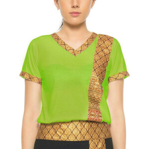 Thai massage woman t-shirt with traditional pattern, slim fit M Green