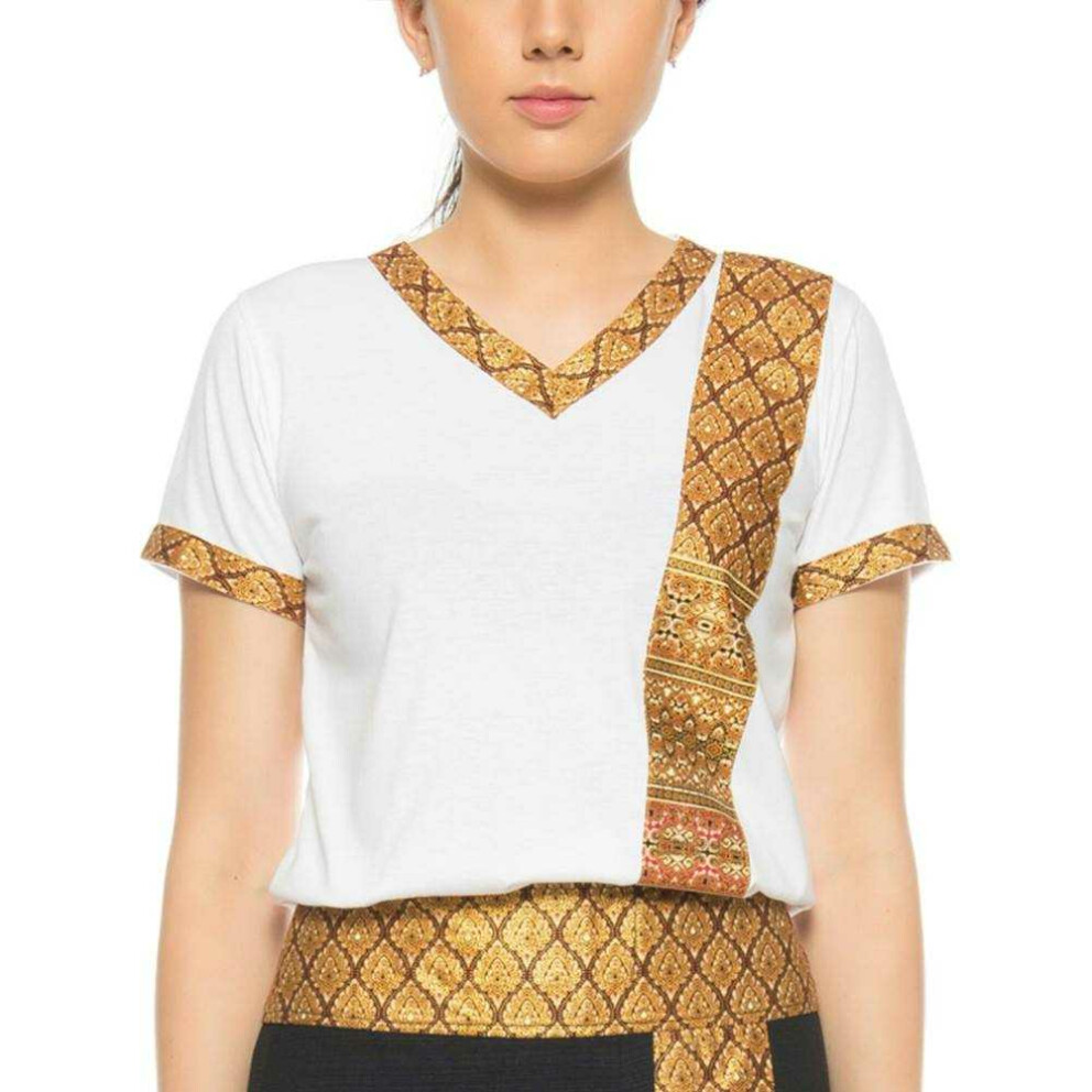 Thai massage woman t-shirt with traditional pattern, slim fit XL White