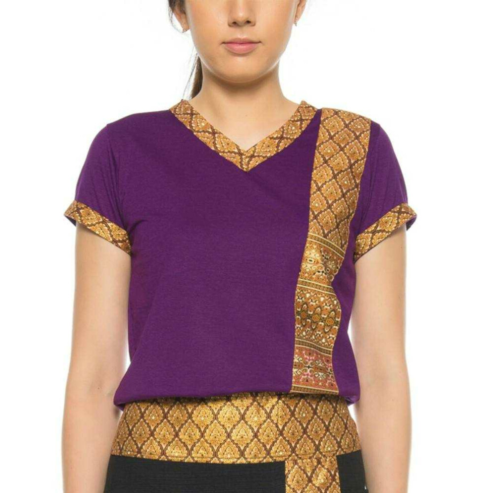 Thai massage woman t-shirt with traditional pattern, slim fit XL Purple