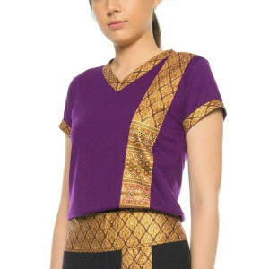 Thai massage woman t-shirt with traditional pattern, slim fit XL Purple