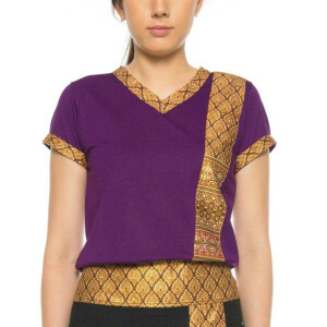 Thai massage woman t-shirt with traditional pattern, slim fit XL Purple