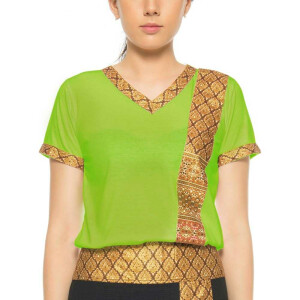 Thai massage woman t-shirt with traditional pattern, slim fit XL Green