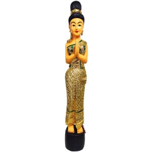 Thai Sawasdee Lady Statue Figure Wood Massive 105cm Gold