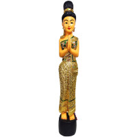 Estatua tailandesa de dama Sawasdee Figura de madera maciza 105cm Oro