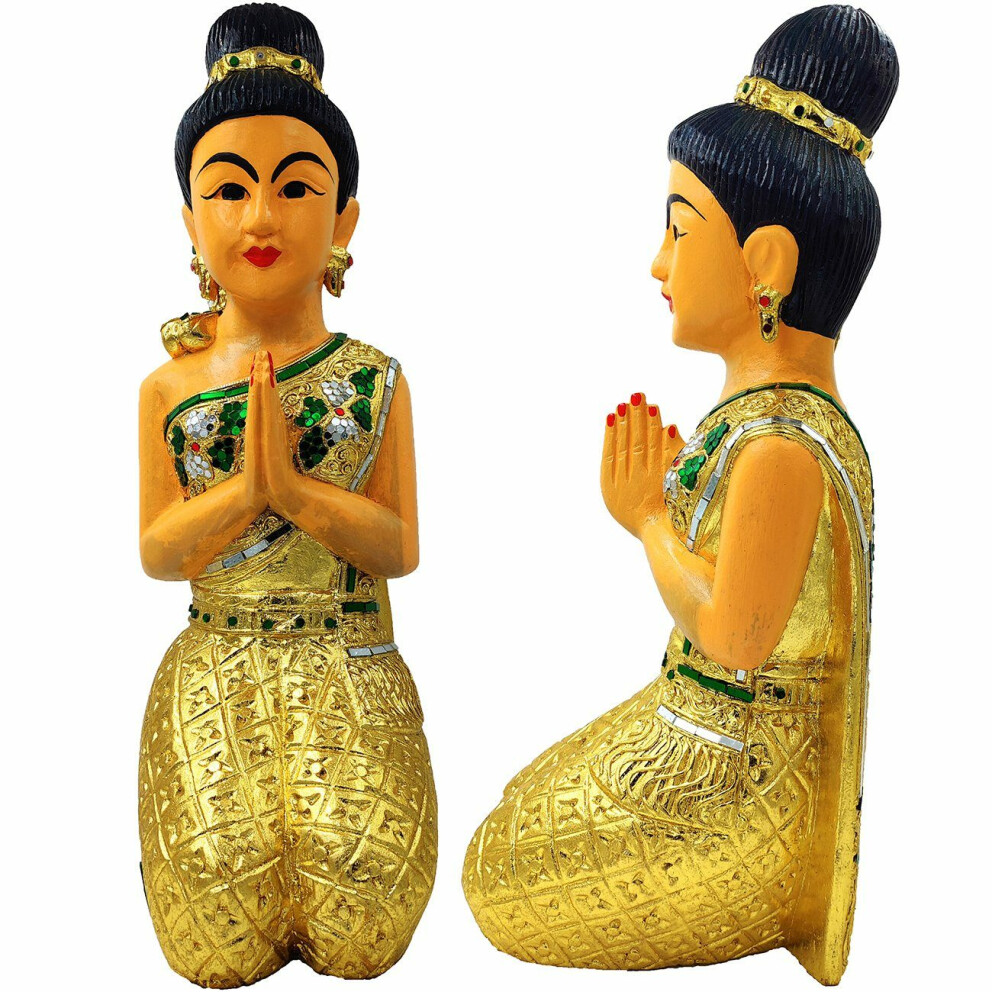 Thai Sawasdee Lady Statua Figura Legno Oro Solido - Inginocchiatoio Piccolo - Altezza 51cm