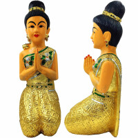 Thai Sawasdee Lady Statue Figure Wood Solid Gold - On Knees Small - 51cm height
