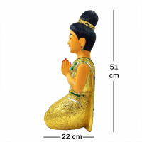 Statue de dame thaïlandaise Sawasdee Figure de bois en or massif - à genoux Petit - 51cm de hauteur