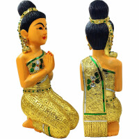 Thai Sawasdee Lady Statua Figura Legno Oro Solido - Inginocchiatoio Piccolo - Altezza 51cm
