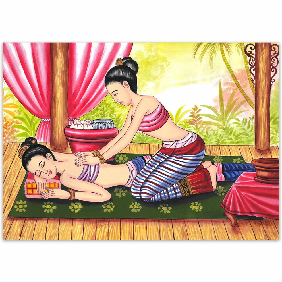 Thai Paintings traditional Thai Massage Siam - No. 10 100cm wide - 70cm high (B1 landscape) Canvas painting printed on high quality cotton with frame