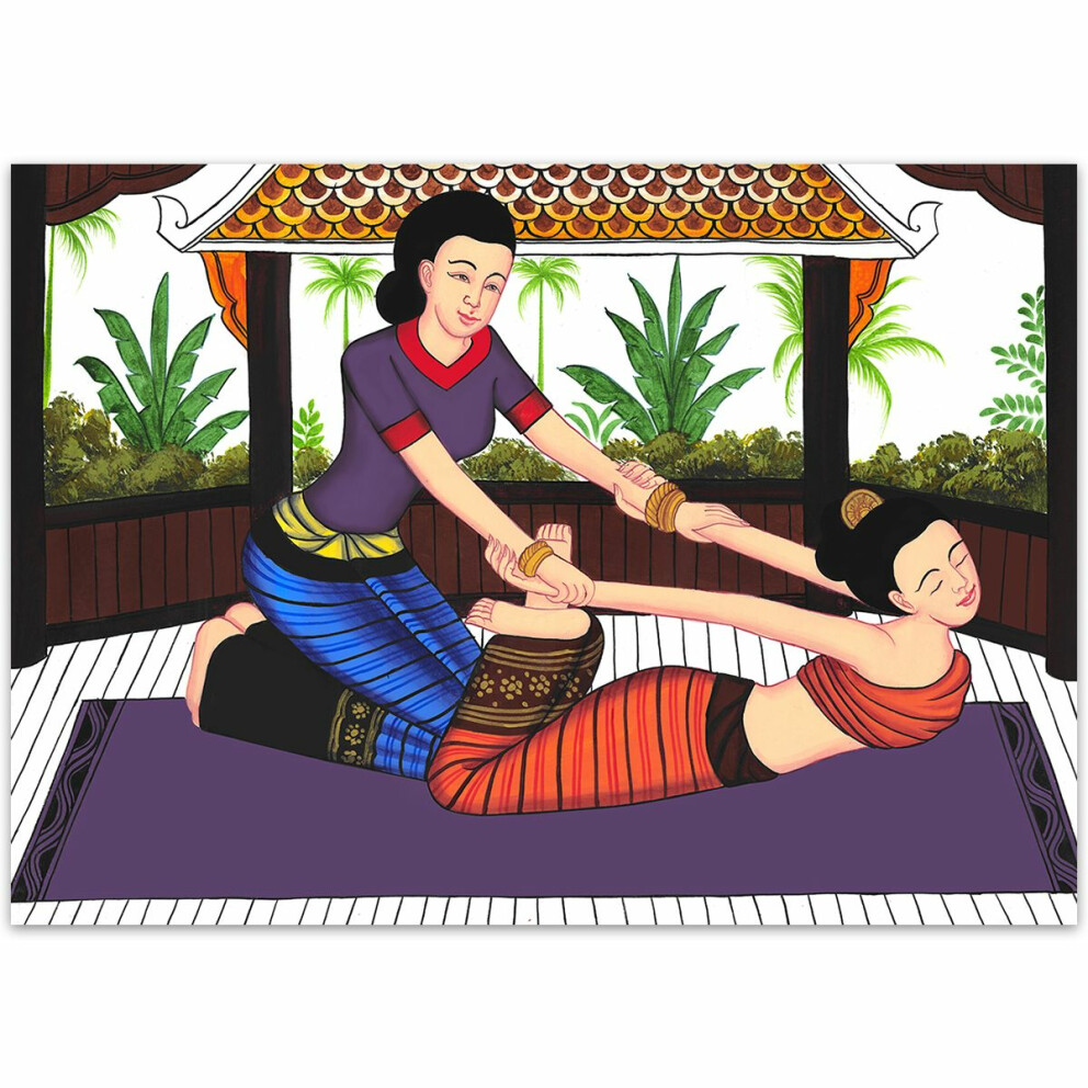 Thai Paintings traditional Thai Massage Siam - No. 13 70cm wide - 50cm high (B1 landscape) Canvas painting printed on high quality cotton with frame