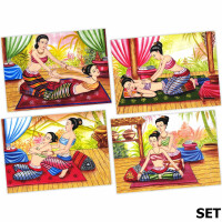 Set: 4 Poster Thai Paintings traditional Thai Massage Siam - Design 1 70cm wide - 50cm high (B1 landscape)
