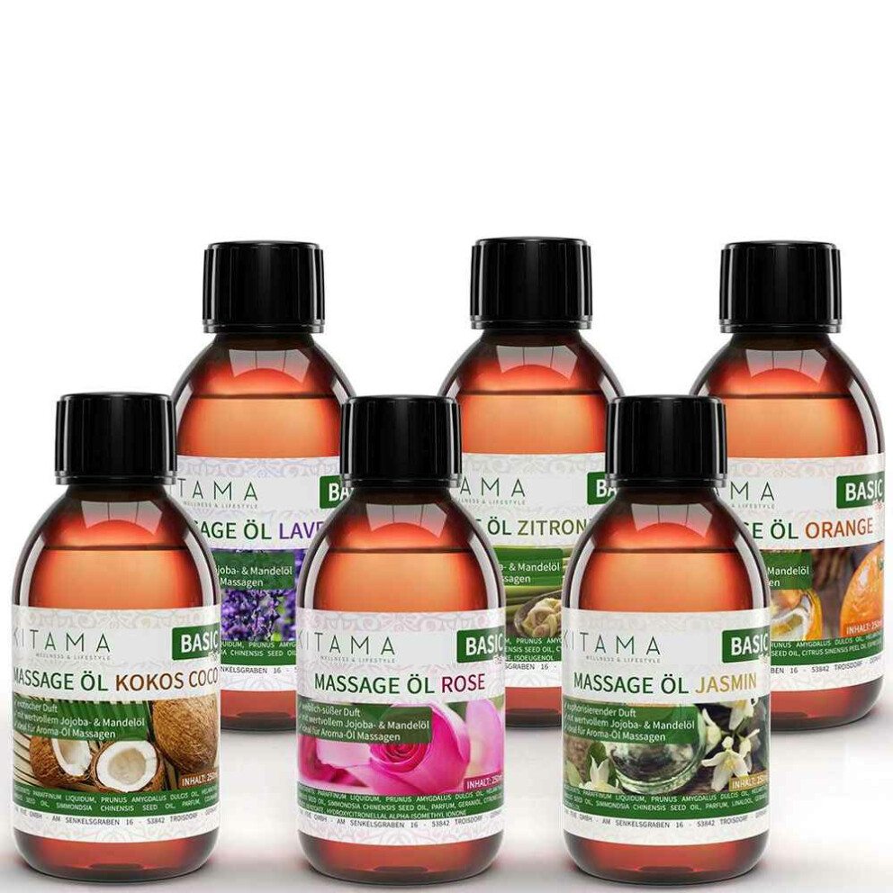 Aceite de masaje Aroma Set de 6 - Jazmín, Rosa, Lavanda, Naranja, Coco y Limoncillo 250ml