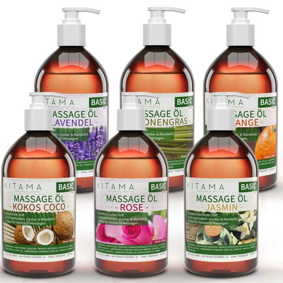 Massage Oil Aroma Set 6 pcs. - Jasmine, Rose, Lavender, Orange, Coconut & Lemongrass 500ml