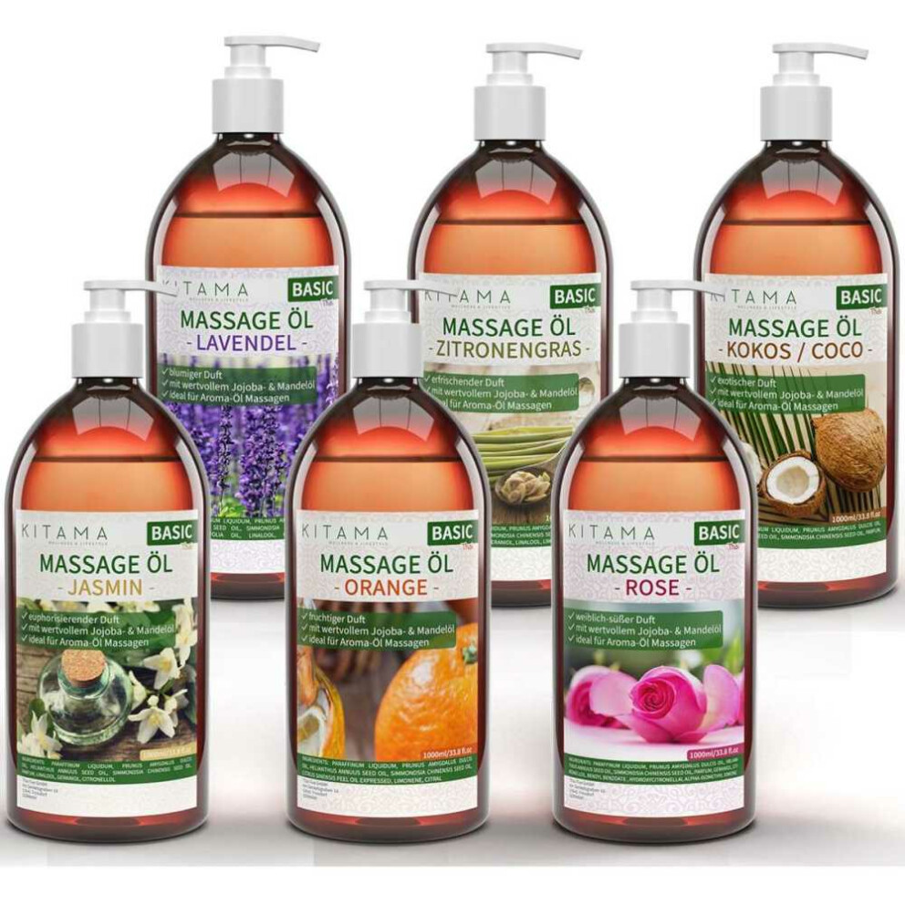 Massage Oil Aroma Set 1000ml - Jasmine, Rose, Lavender, Orange & Lemongrass