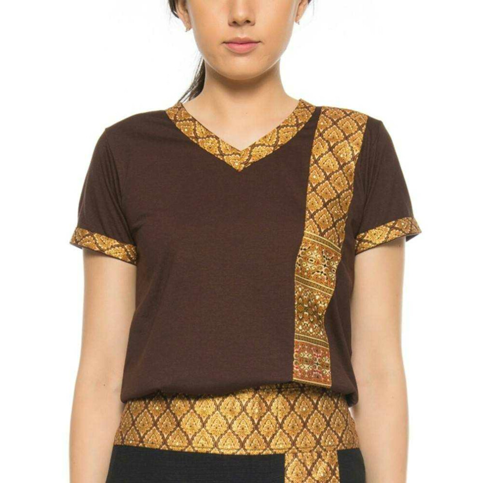 Thai massage T-shirt unisex (men & women) with traditional pattern, Regular Fit M Brown