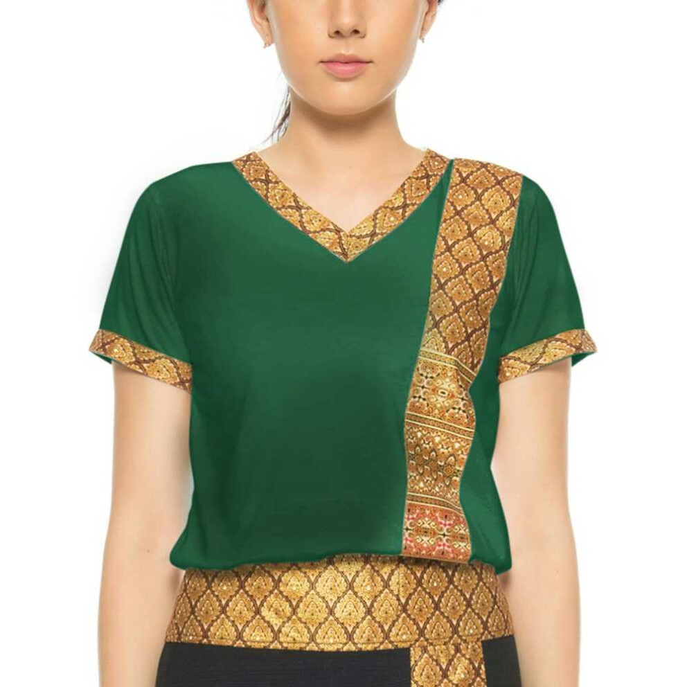 Thai massage T-shirt unisex (men & women) with traditional pattern, Regular Fit S Green (Dark)