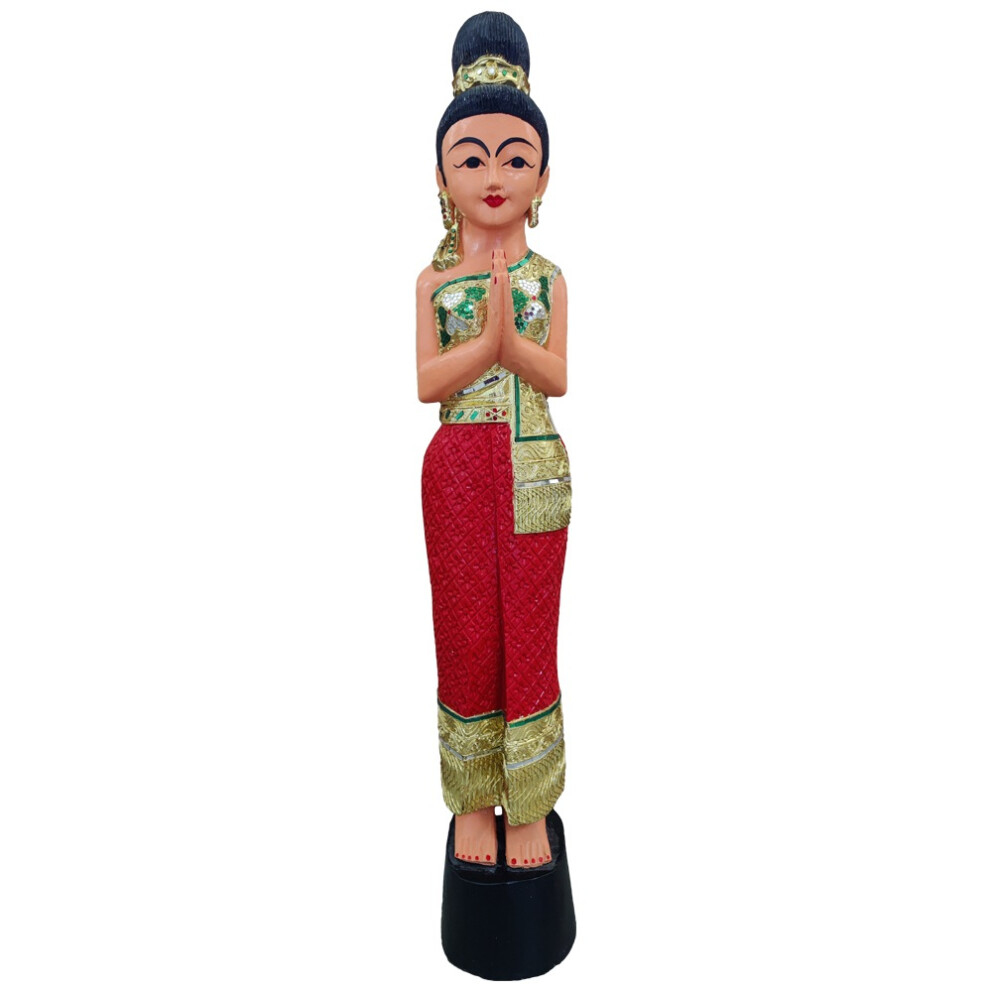 Statue de la dame thaïlandaise Sawasdee Figure en bois massif 130cm rouge
