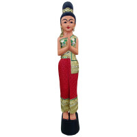 Statue de la dame thaïlandaise Sawasdee Figure en bois massif 130cm rouge